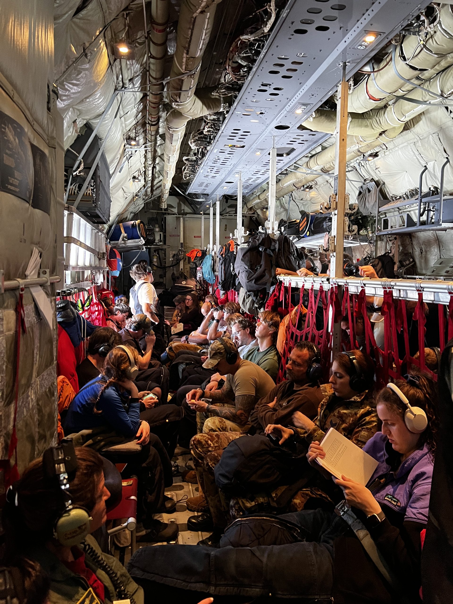 Everyone squeezed on the flight