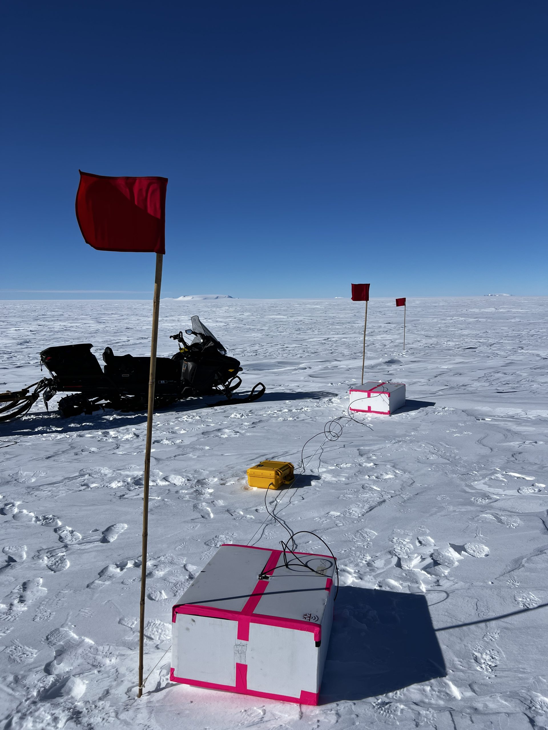 Spacing the ApRES antennae (white) with the computer (yellow) in the middle