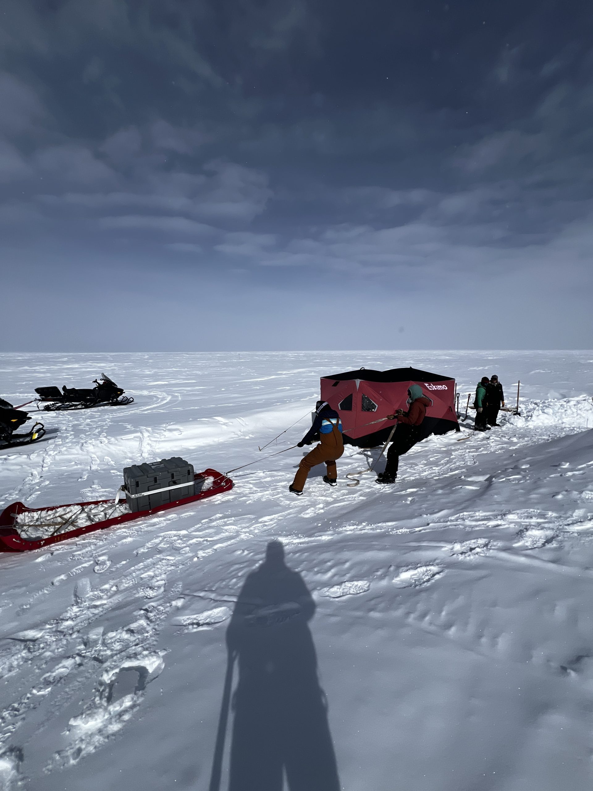 Tugging the battery box down the ramp via Ski-Doo and human power