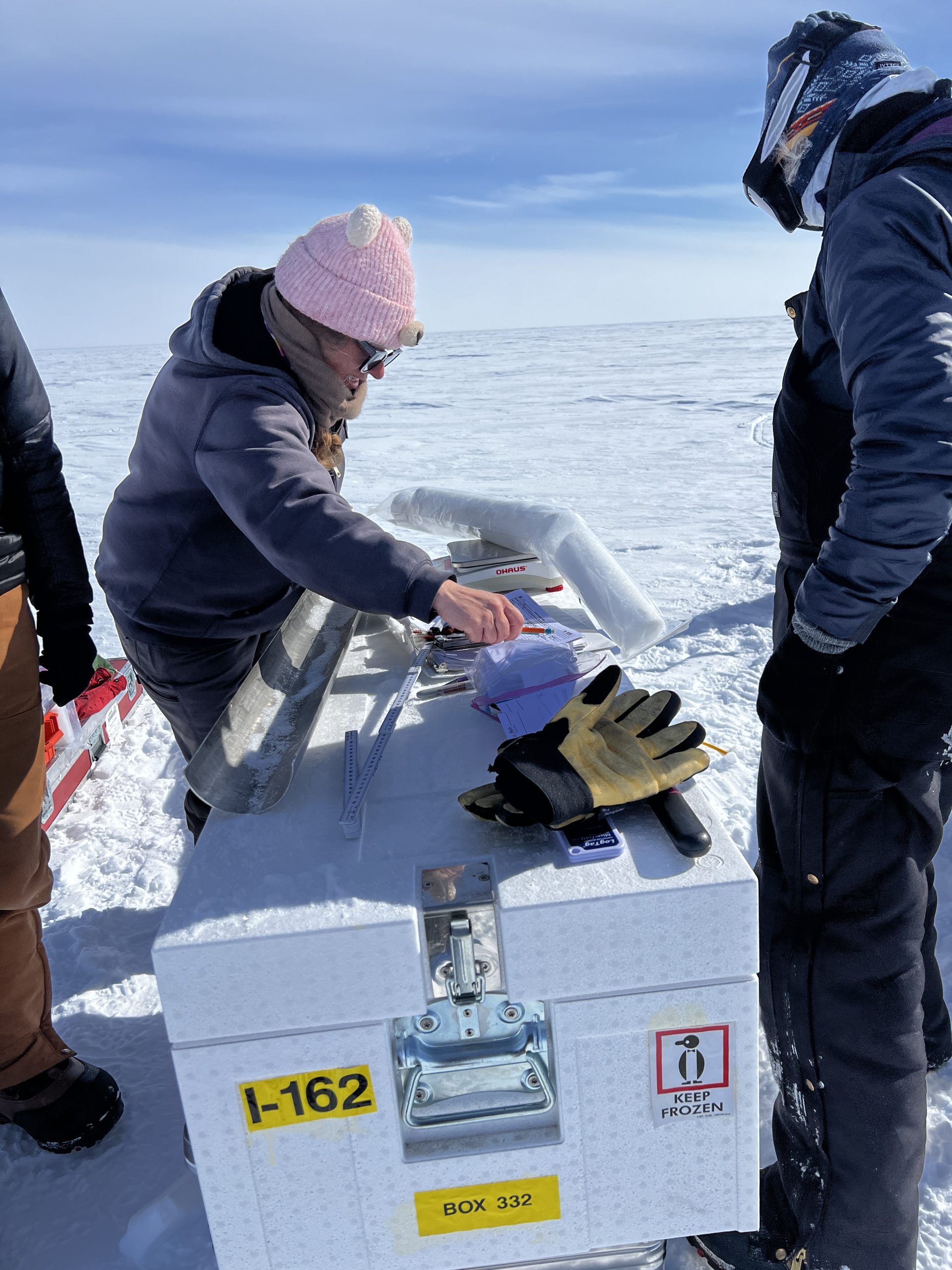 Zoe teaching E and Ellen how to core log