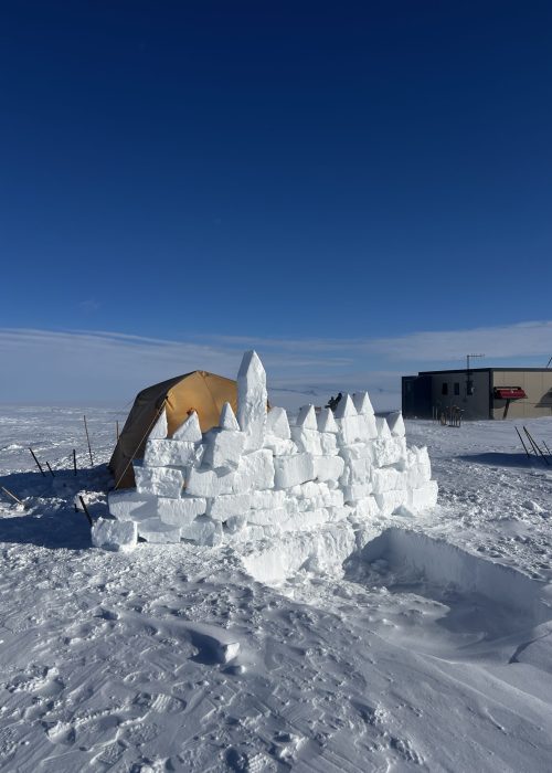 The snow wall that Elliot and Forest made, complete with a clock tower