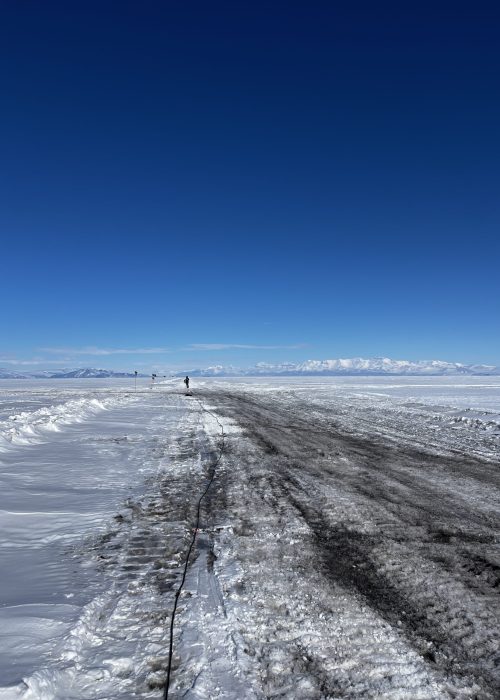 Ellen, a fly in the distance, stretching the ApRES cables to measure